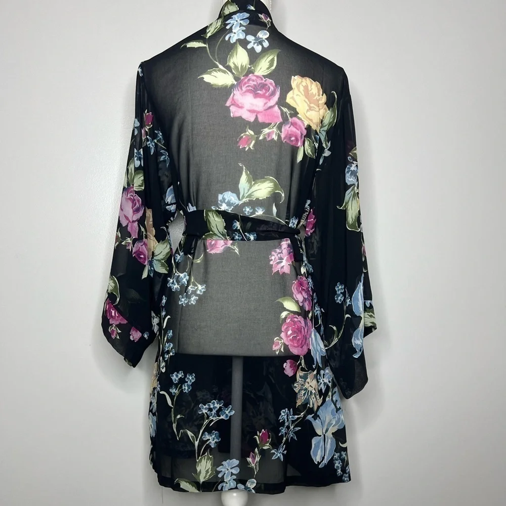 Helena Quinn Georgette Sheer Belted Floral Kimono Bath Robe